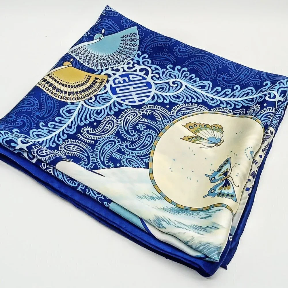 Sheng Ran Blue Asian Butterfly Fan Motif Square Silk Scarf Wrap